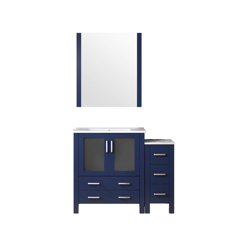 Volez 48 in W x 18.25 in D Single Bath Vanity with Side Cabinet, White Ceramic Top and 34 in Mirror, Navy Blue