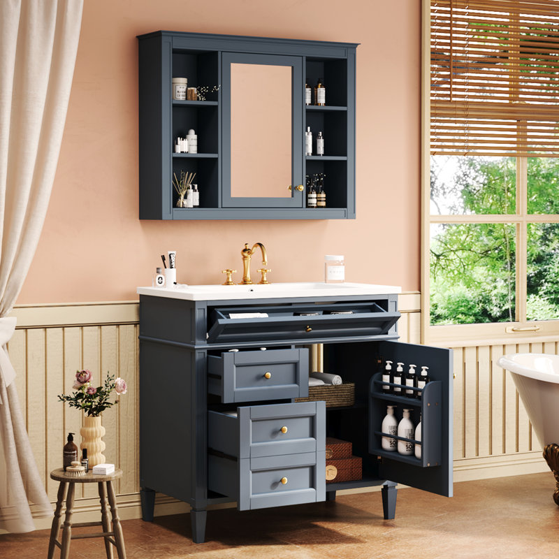 Meuble-lavabo moderne de 36 po avec pharmacie et miroir, bleu rectangulaire, tiroirs à fermeture douce, rangement pour miroir de lavabo de construction, forme rectangulaire, portes, idéal pour le rangement