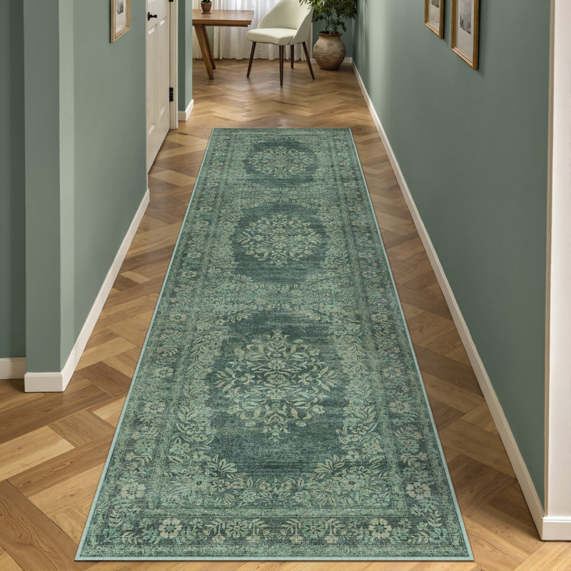 Stella Machine Washable Oriental Area Rug With Non-Slip Backing, Runner 2' x 8', Green