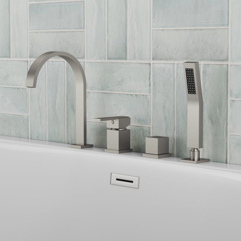 Deck Mounted Roman Tub Faucet with Diverter & Hand Shower, Brushed Nickel