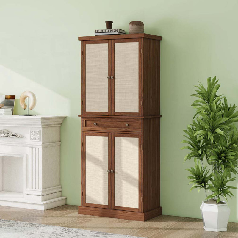Armoire de garde-manger à 4 portes avec 1 tiroir et 4 tablettes intérieures réglables, Noyer