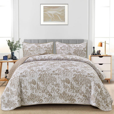 3-piece Botanical Toile Plants Pattern Quilt Set Lightweight Coverlet For All-season Home Decor