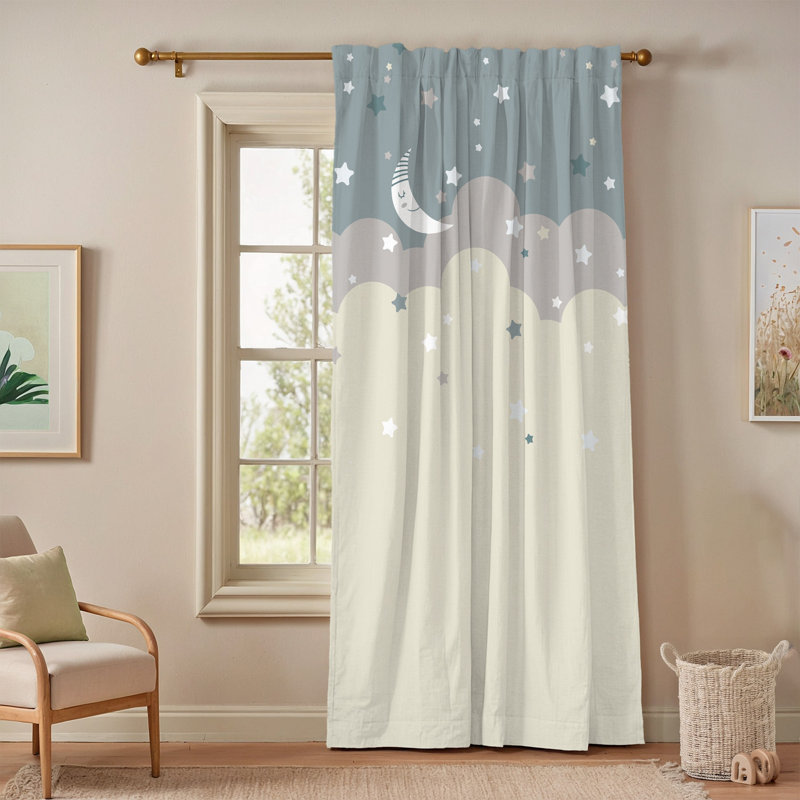 Lined Blackout Thermal Sleeping Moons and Stars Single Panel Curtain, 52" W x 108" L