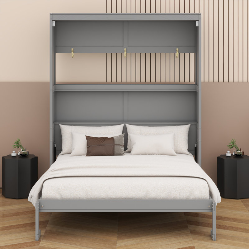 Lit escamotable élégant avec tablettes intégrées et peu encombrant, Gris