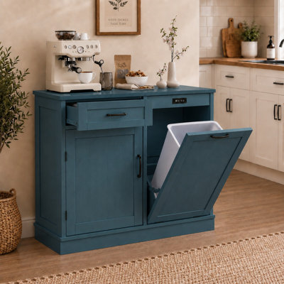 Armoire à poubelle inclinable, armoire à poubelle pour la cuisine, armoire en bois avec poubelle - bleu
