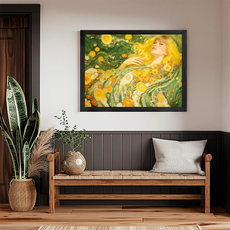 «Black Gustav Klimt», art abstrait avec femme et fleurs, H 37 po x l 25 po