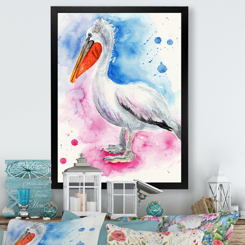 Pélican bleu et rose, H 20 po x l 12 po x P 1 po, Impression noire sur toile encadrée