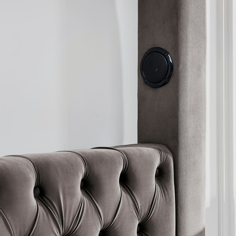 Structure de lit à baldaquin, lit plateforme tapissier avec tête de lit capitonnée, haut-parleur Bluetooth intégré, ports de charge USB-A et USB-C