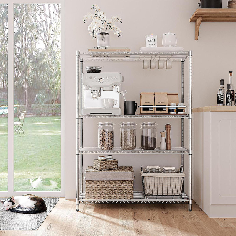 Étagère de rangement à 5 tablettes de 1400 lb, étagère grillagée en métal robuste, étagère de garage réglable pour garde-manger (chrome, 4 niveaux, P 15,8 po x l 45,3 po x H 59,4 po)