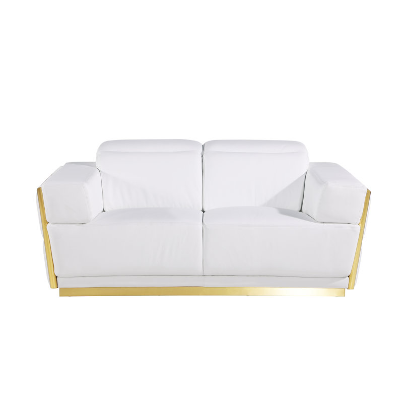 Causeuse en cuir italien Sylvian, Blanc, Doré