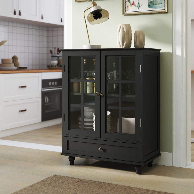 Armoire de rangement avec portes doubles en verre et tiroir, Noir