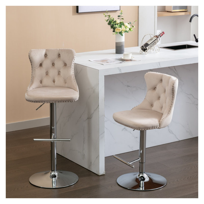  Ensemble de 2 tabourets de bar pivotants en velours, hauteur de siège réglable de 25 à 33 pouces, tabourets de bar modernes à base chromée avec dossier capitonné, beige pour bistro