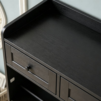 Farmhouse Narrow Entryway Shoe Storage Cabinet – 3 Flip Drawers & 2 Top Drawers, Adjustable Shelves & Hooks, Freestanding Concealed Shelf Organizer for Hallway & Foyer