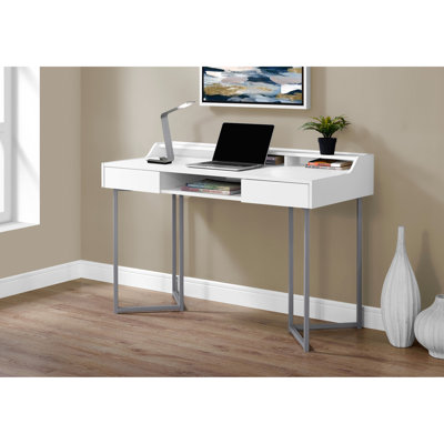 48"l Computer Desk For Efficient Work, White Laminate With Grey Metal Legs, Home Office Storage And Shelves, Modern Style Laptop Workstation Storage, Metal, Drawers Open Contemporary Design