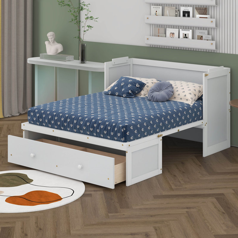 Lit escamotable avec tiroir de rangement et ports USB, le lit escamotable massif peut être plié dans une armoire, Blanc