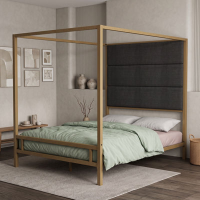Metal Canopy Bed with Tall Linen Upholstered Headboard