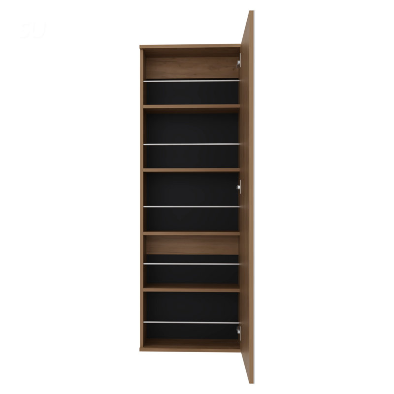 Range-chaussures mural avec miroir et porte, cinq tablettes, rangement compact pour dix paires de chaussures, Bois naturel