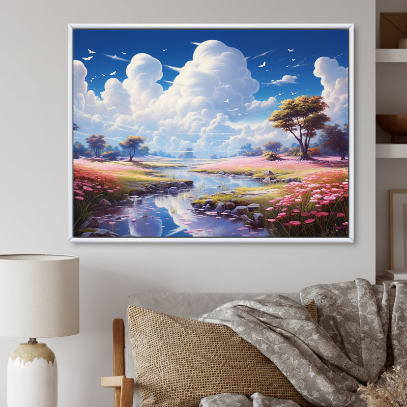 «White Clouds Vibrant Blue Sky Pink Meadows» sur toile, 12" H x 20" W, Cadre photo blanc