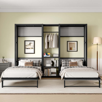 Ensemble de lit escamotable simple Nestica avec garde-robe intégrée, tablettes et prise de courant pour petite chambre à coucher, chambre d'amis