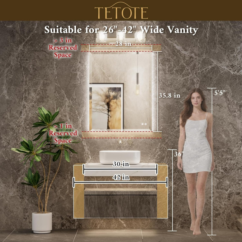 Miroir de salle de bain rétroéclairé 28 po x 36 po, miroir de meuble-lavabo à DEL sans cadre avec rebord biseauté, verre trempé, éclairage 3 couleurs, anti-buée, à intensité variable, à mémoire de forme, miroir mural pour évier