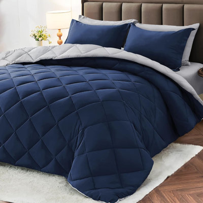 7 Pieces Queen Comforter Set, Reversible Bed in a Bag Queen Size, All Season Bedding Set with Comforter, Flat Sheet, Fitted Sheet, Pillowcases & Shams, Navy & Light Grey