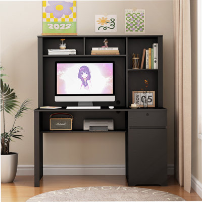 Bureau d'ordinateur avec huche et bibliothèque, bureau de direction en bois pour adolescents, bureau d'écriture pour ordinateur portable avec tiroirs, 3 prises CA et 2 ports de charge USB, table d'ordinateur portable pour la maison