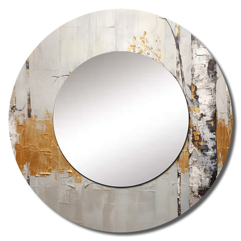 Arbre monochromes Whispers of Grey III - miroir mural unique en miroir, miroir rond doré, impression sur métal, 23 po x 23 po