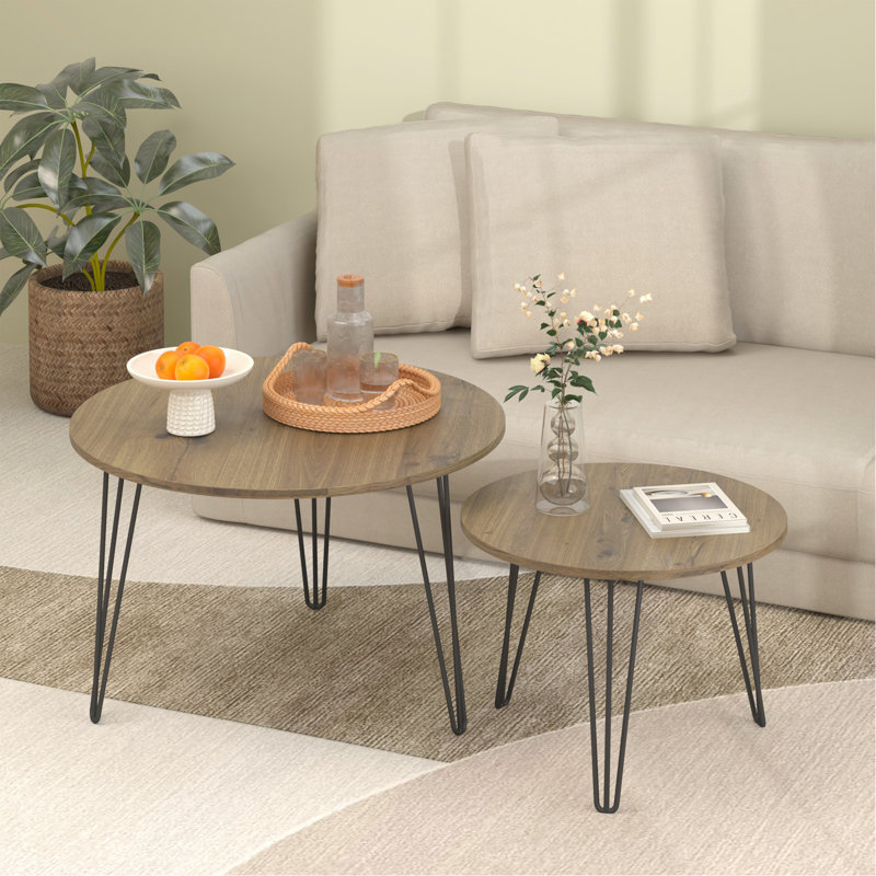 Ensemble de 2 tables basses gigognes rondes de 27,56 po, ensemble de tables de bout gigognes circulaires, plateau de table rond en bois et base en métal robuste pour le salon, la chambre à coucher, brun