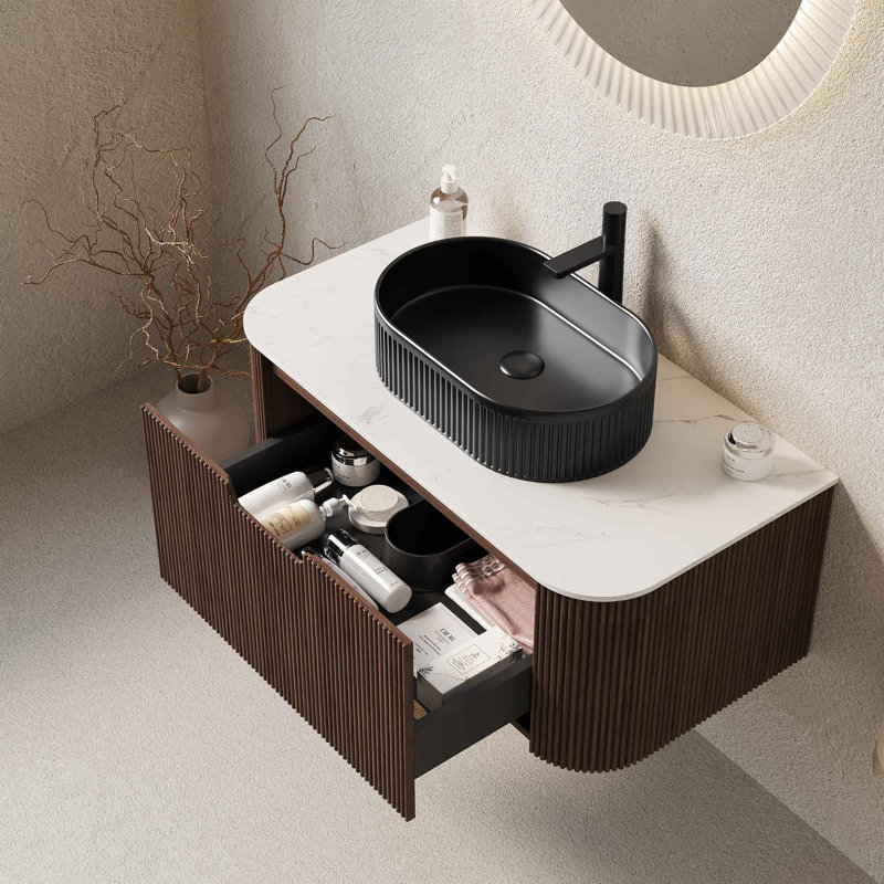 Meuble-lavabo de salle de bain 36 po avec lavabo, armoire de rangement moderne à bords courbés et rayés avec tiroir, vasque en céramique noire, sans robinet, pré-assemblé