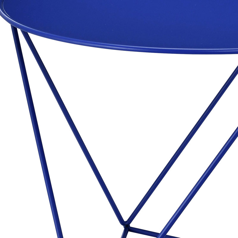 Table en métal bleu avec plateau rond et pieds triangulaires, 23 po x 23 po x 17 po, 13 lb, plateau de table pratique 23 po x 23 po x 17 po, élégant