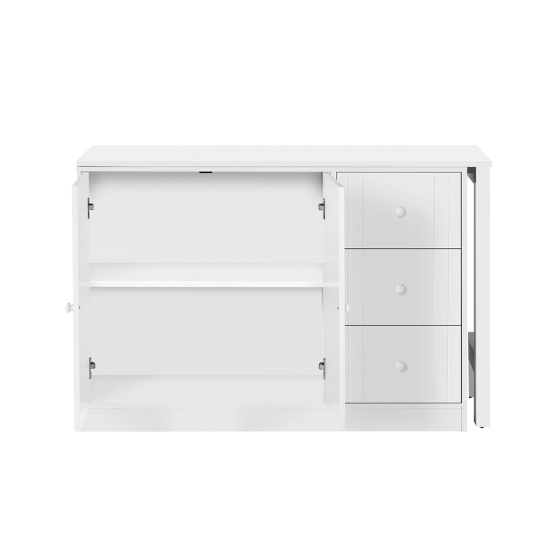 Îlot de cuisine de ferme avec table de salle à manger extensible, armoire de rangement convertible, Blanc, Blanc