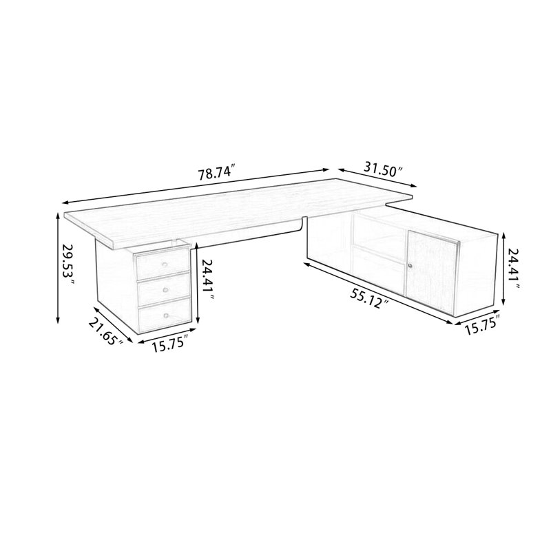 Tan+Black Rectangular Solid Wood+Iron desks, Right Hand Return, 29.53" H x 78.74" W x 31.5" D