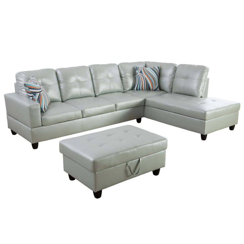 Beesley 103.5" Wide Faux Leather Sofa & Chaise with Ottoman, Right Hand Facing, Black, Silver Faux Leather
