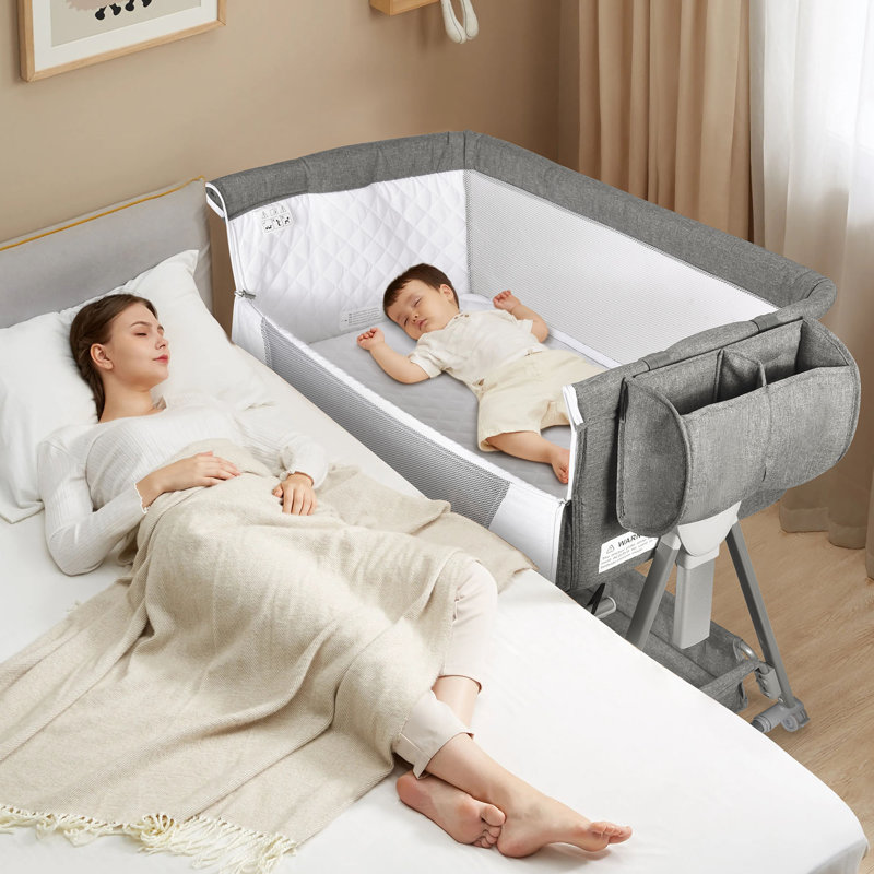 Berceau pour bébé et lit de chevet pour bébé, berceau réglable à 7 hauteurs avec roulettes, Gris