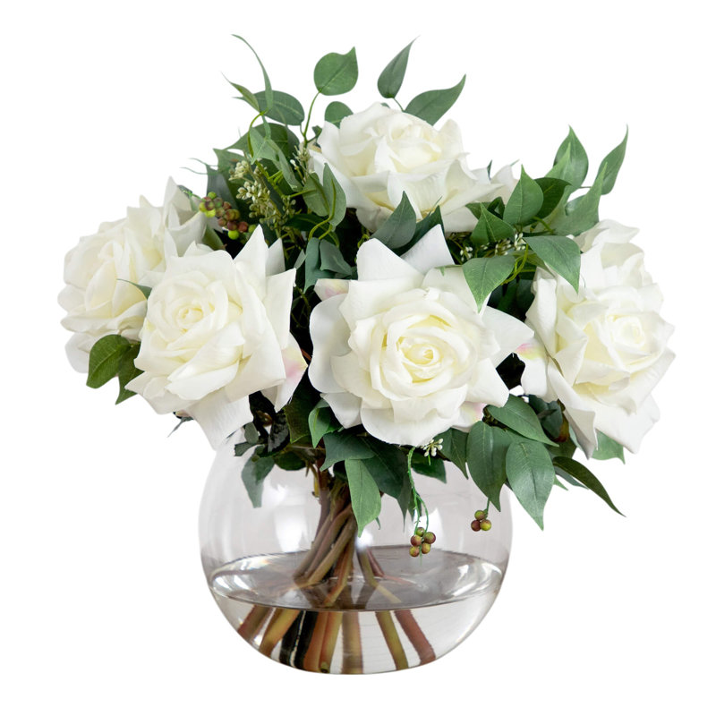 Wedding Collection 16In. Artificial Roses And Mixed Greens Arrangement In Glass Vase