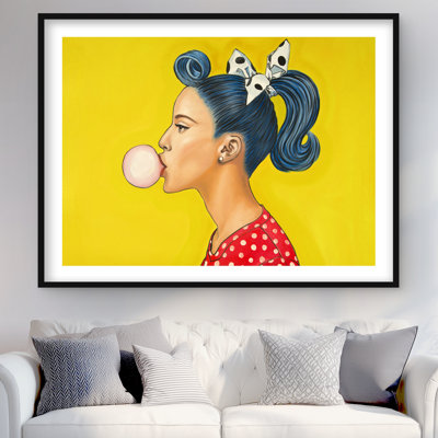 Retro Woman with Beautiful Ponytail - Yellow Framed Print