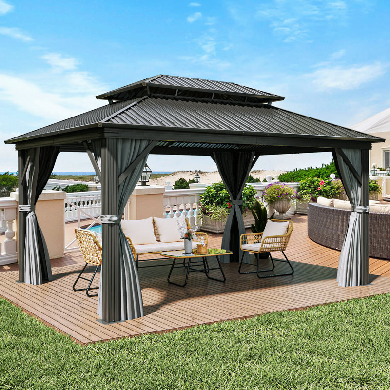 Outdoor Metal Hardtop Patio Gazebo with Privacy Curtain and Mosquito Netting, 16 ft. W x 12 ft. D
