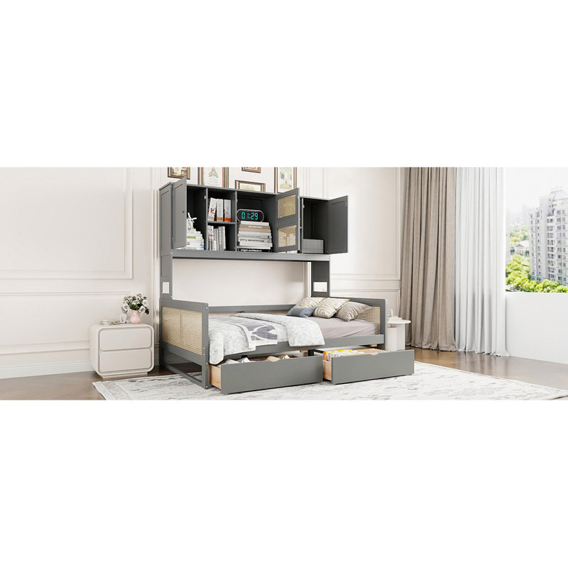 Wooden Daybed With 2 Drawers, And All-In-One Cabinet And Shelf, Gray, Full/Double