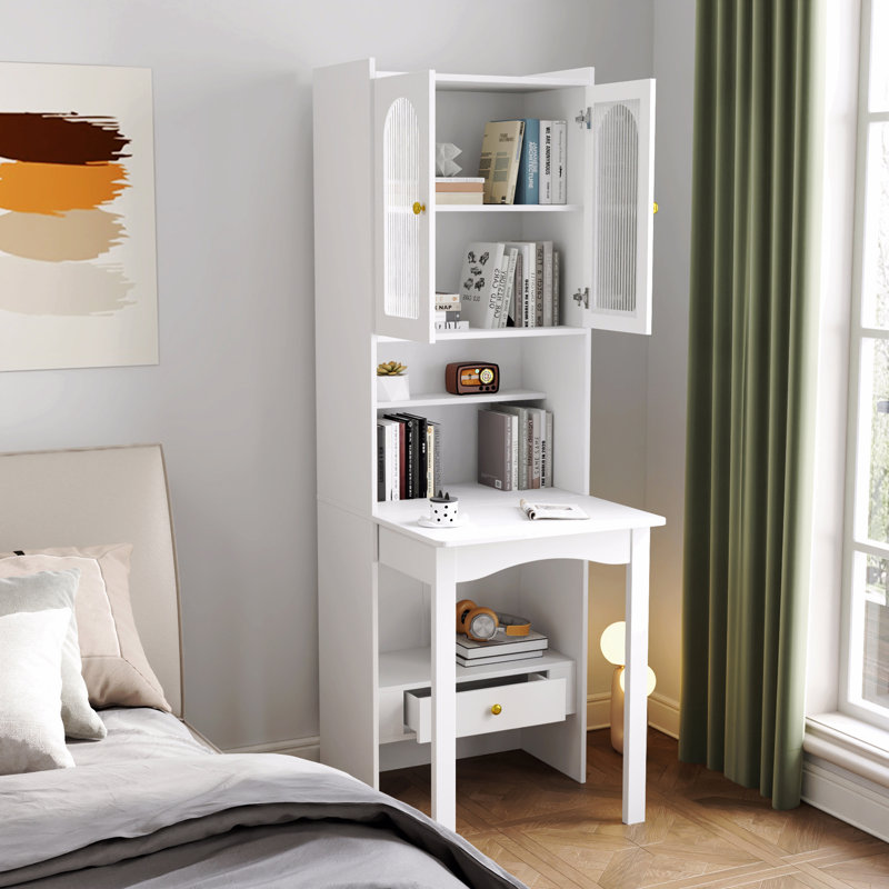 Table d'écriture convertible pliable, armoire de bureau avec tablette et tiroir, Blanc