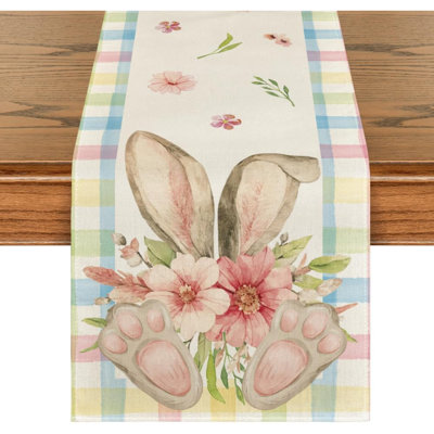 Buffalo Plaid Bunny Ear Foot Flower Easter Table Runner, Seasonal Spring Kitchen Dining Table Decoration For Home Party Decor
