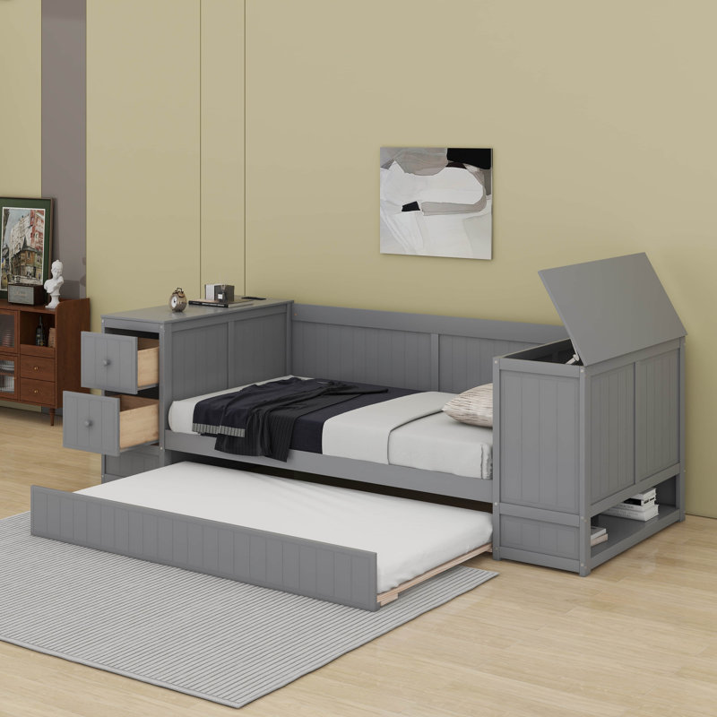 Lit de jour simple avec accoudoirs de rangement, lit gigogne et station de charge, Gris