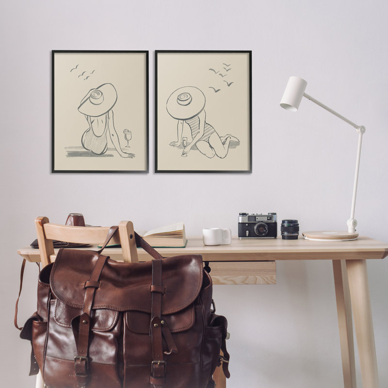Illustration féminine, dessin au bord de la piscine, ensemble de 2 giclées par Grace Popp, Giclée encadrée noir minuit
