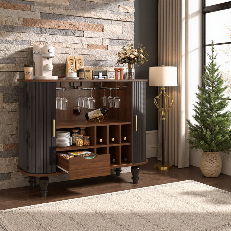 Armoire à boissons alcoolisées et à café avec 6 supports à vin, 3 porte-verres et rangement caché, Noir