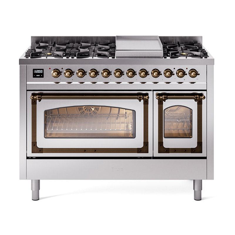 ILVE UN48FNMPEGG Nostalgie II Noblesse 48 inch Dual Fuel Range (8 Sealed Burners + Griddle, Triple Glass Door), Burnished