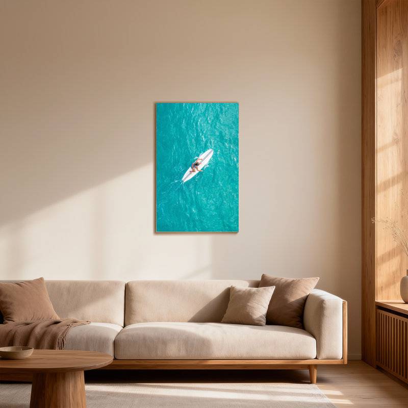 Paysage et nature surfeur sur tableau blanc dans une eau turquoise, H 24 po x l 16 po
