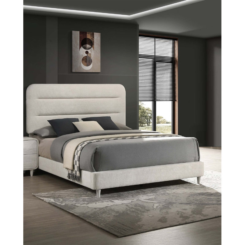 Lit à panneau grand antique blanc, style contemporain pour la chambre à coucher, design rembourré, lignes épurées, palette neutre, pièce unique, structure en bois, sommier requis, style facile à assembler, lit 1pc