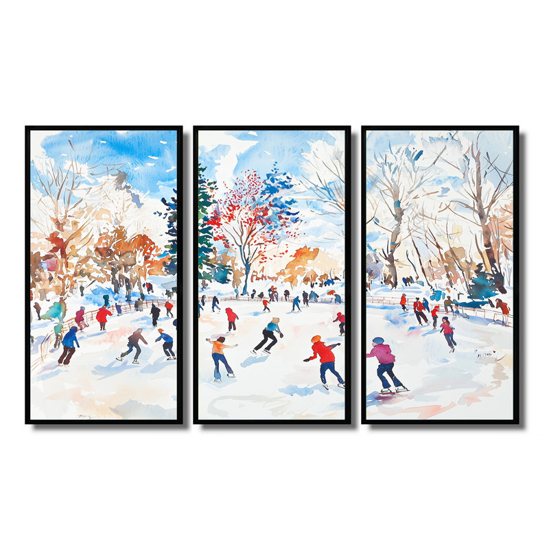 Ensemble de décorations murales paysage de glace patinoire III, H 28 po x l 36 po, Reproduction avec cadre flottant, Black