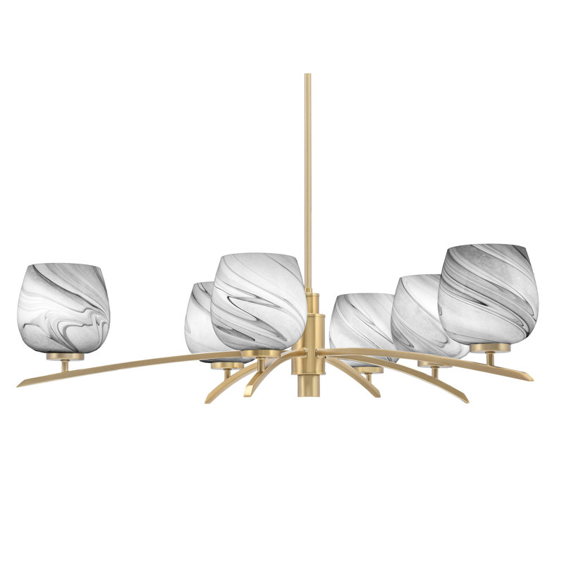 Lustre à 6 lumières kurve au fini laiton nouvel âge avec verre tourbillon onyx de 6 po