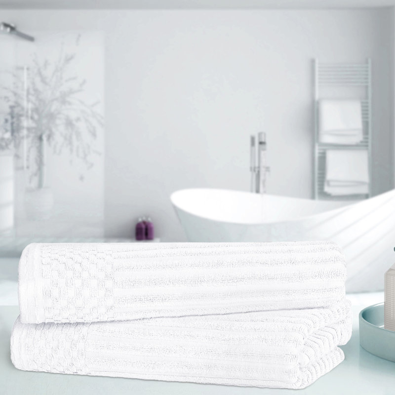 Ruvins Cotton Highly Absorbent Solid and Checkered Border Bath Towel Set, White