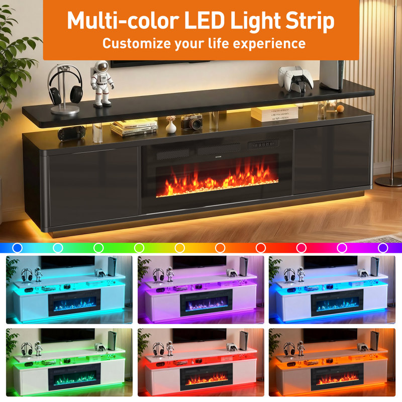  2-Tier Modern TV Stand With 36" Electric Fireplace for TVs Up to 80"/90", 22'' H x 70'' L x 13.8'' W, Black